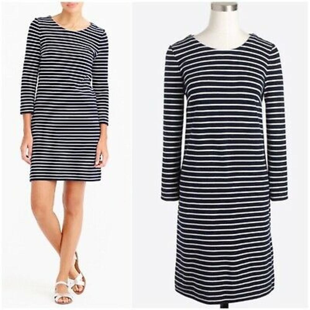 J Crew Maritime Shift Dress Navy Blue White Stripe Knit T Shirt XS Nautical